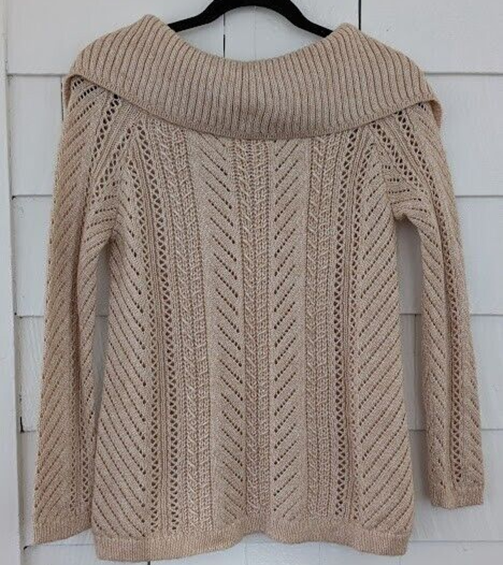 WHBM Off Shoulder Pointelle Sweater Cozy Feminine Coquette Bow Tan Pink Sz Small
